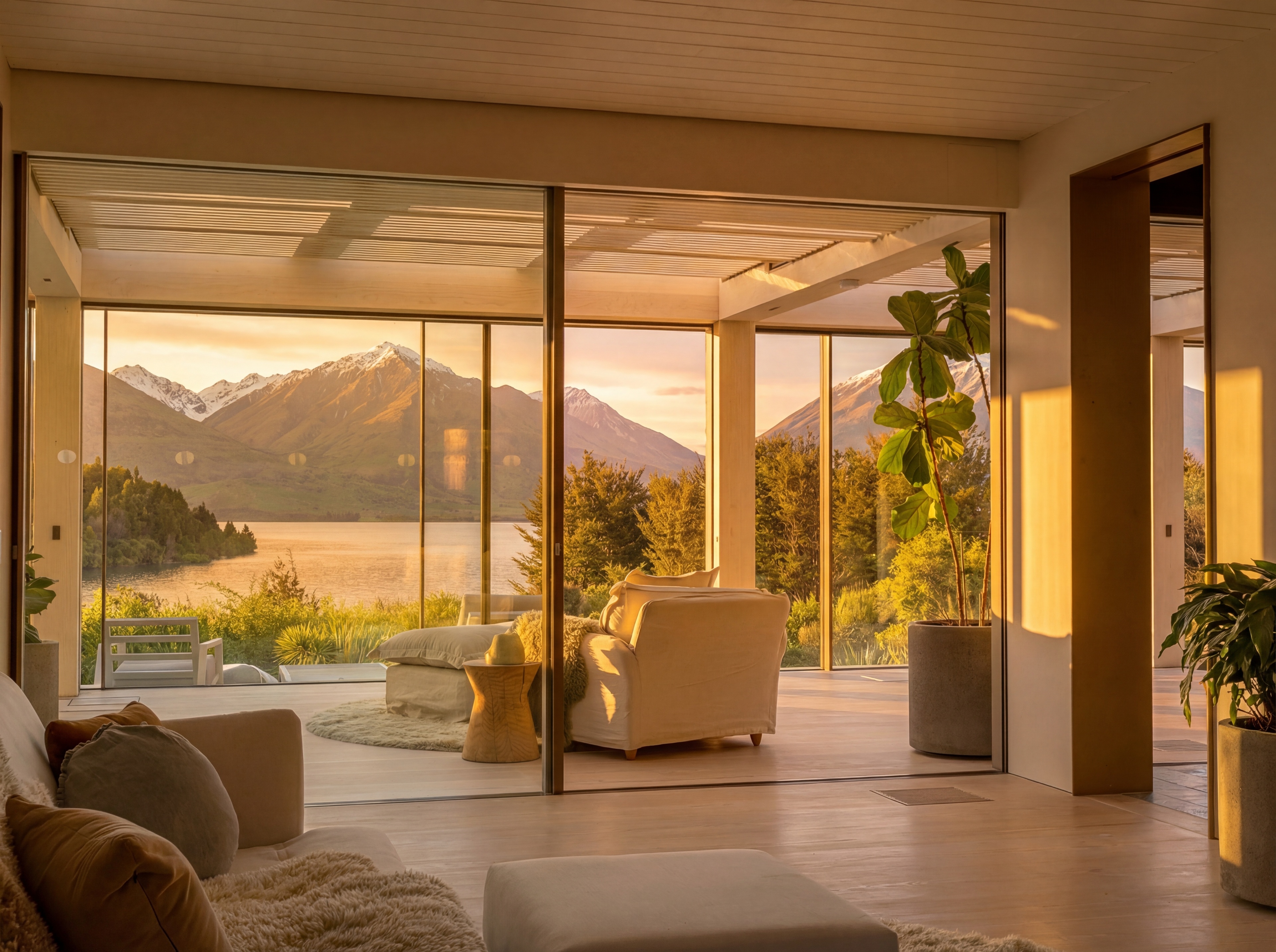 Living area with panoramic lake and mountain views through floor-to-ceiling glazing